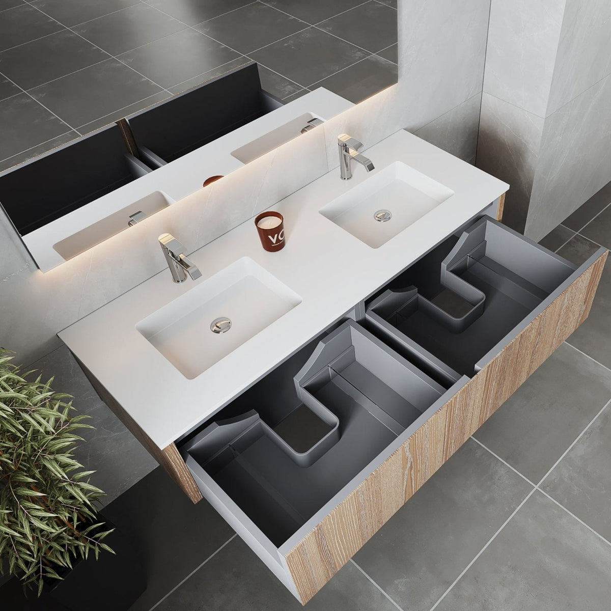 Legno 60&quot; Weathered Grey Double Sink Bathroom Vanity with Matte White VIVA Stone Solid Surface Countertop - LAVIVA - Mihodo
