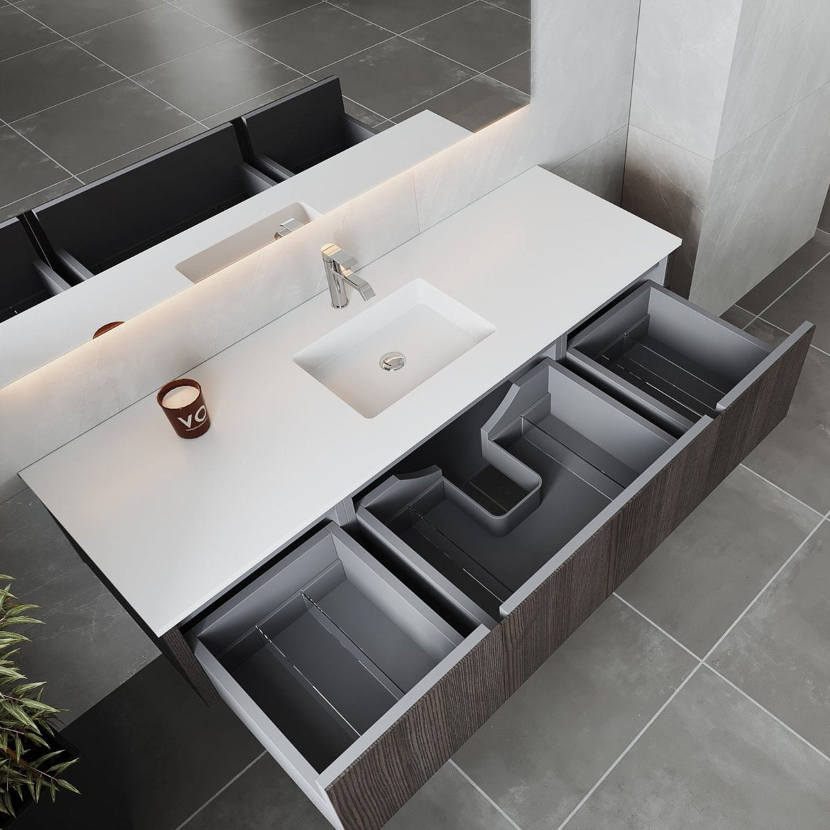 Legno 66&quot; Carbon Oak Bathroom Vanity with Matte White VIVA Stone Solid Surface Countertop - LAVIVA - Mihodo