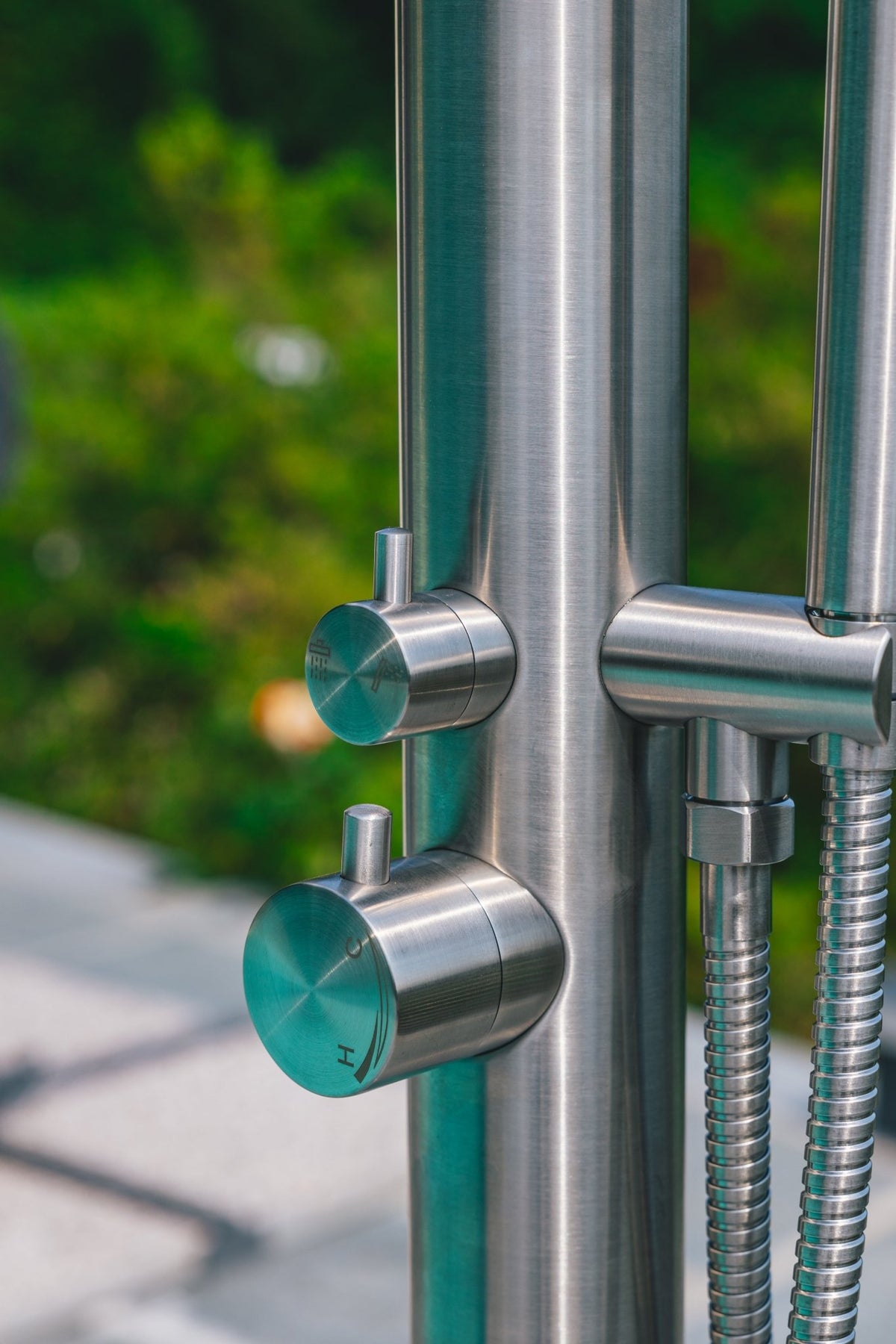 Rain Therapy Freestanding Outdoor Shower with Rain Head & Hand Shower – 90" – RT Brushed Stainless Steel – –