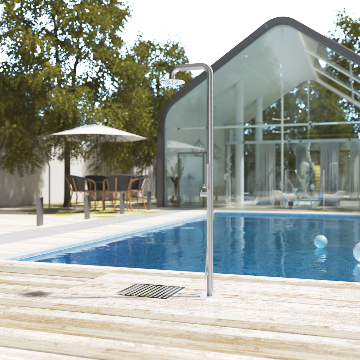 Rain Therapy Freestanding Outdoor Shower with Rain Head & Hand Shower – 90" – RT Brushed Stainless Steel – –