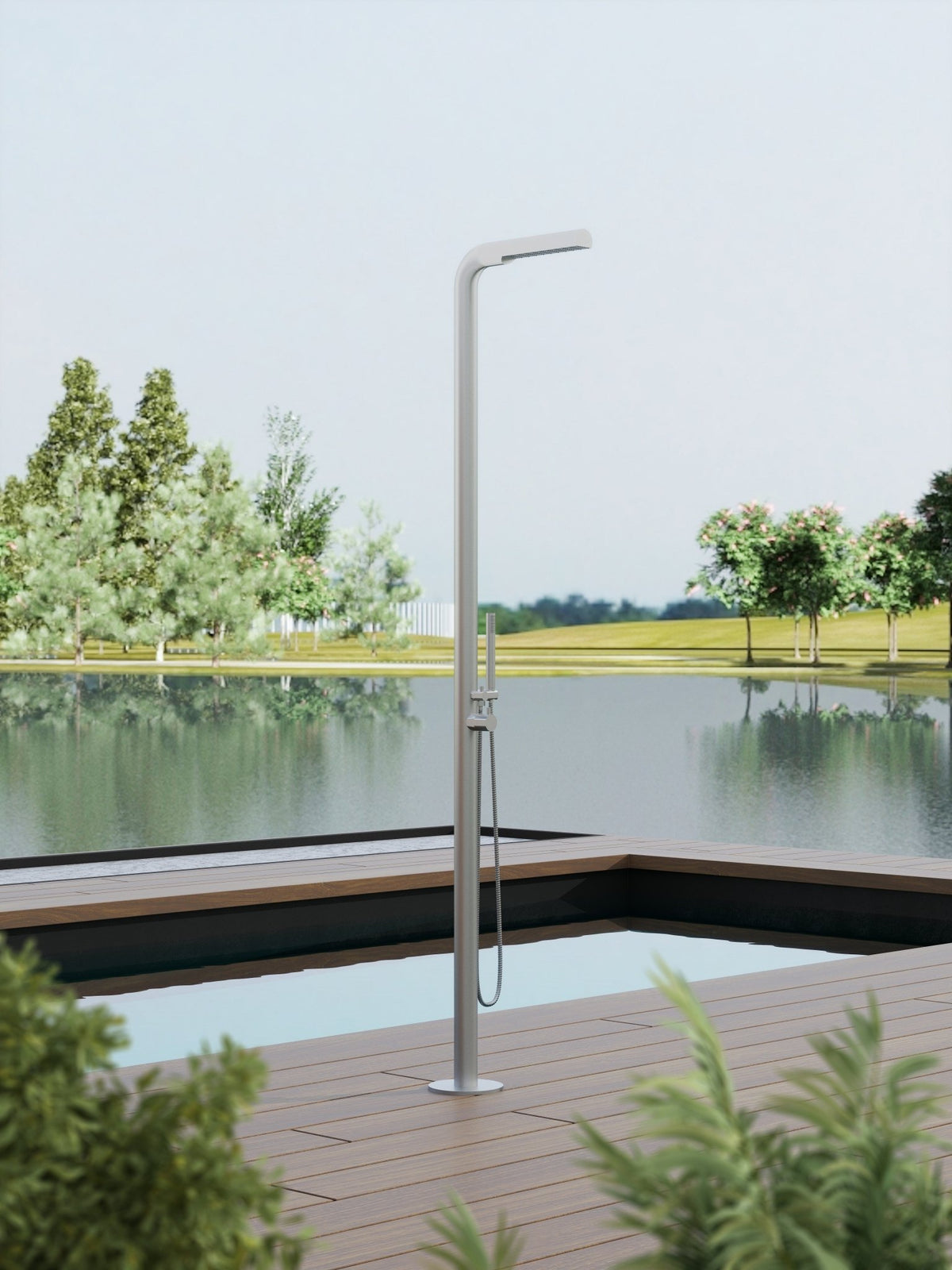 Rain Therapy Freestanding Outdoor Shower with Rectangular Rain Head & Hand Shower – 88" – RT Brushed Stainless Steel – –
