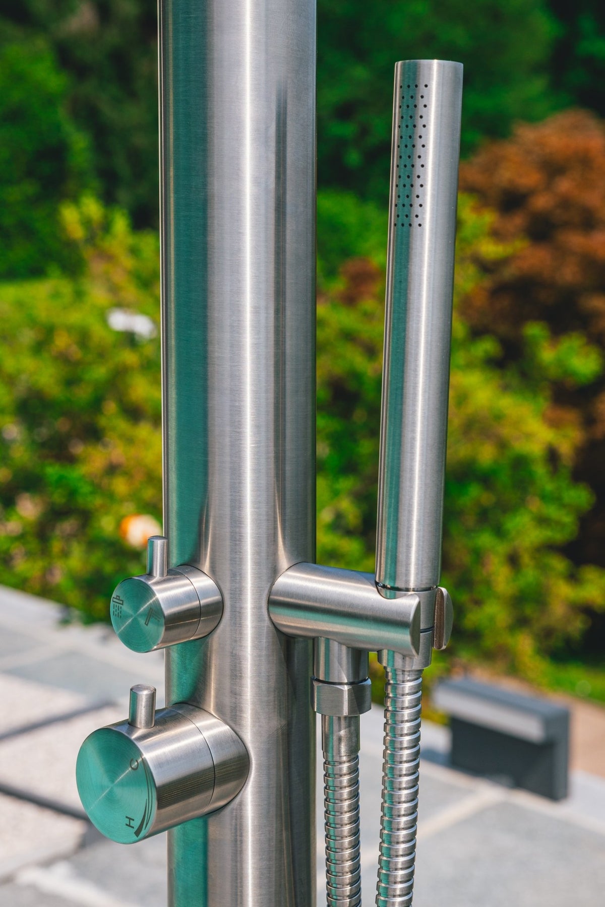 Rain Therapy Freestanding Outdoor Shower with Rectangular Rain Head & Hand Shower – 88" – RT Brushed Stainless Steel – –