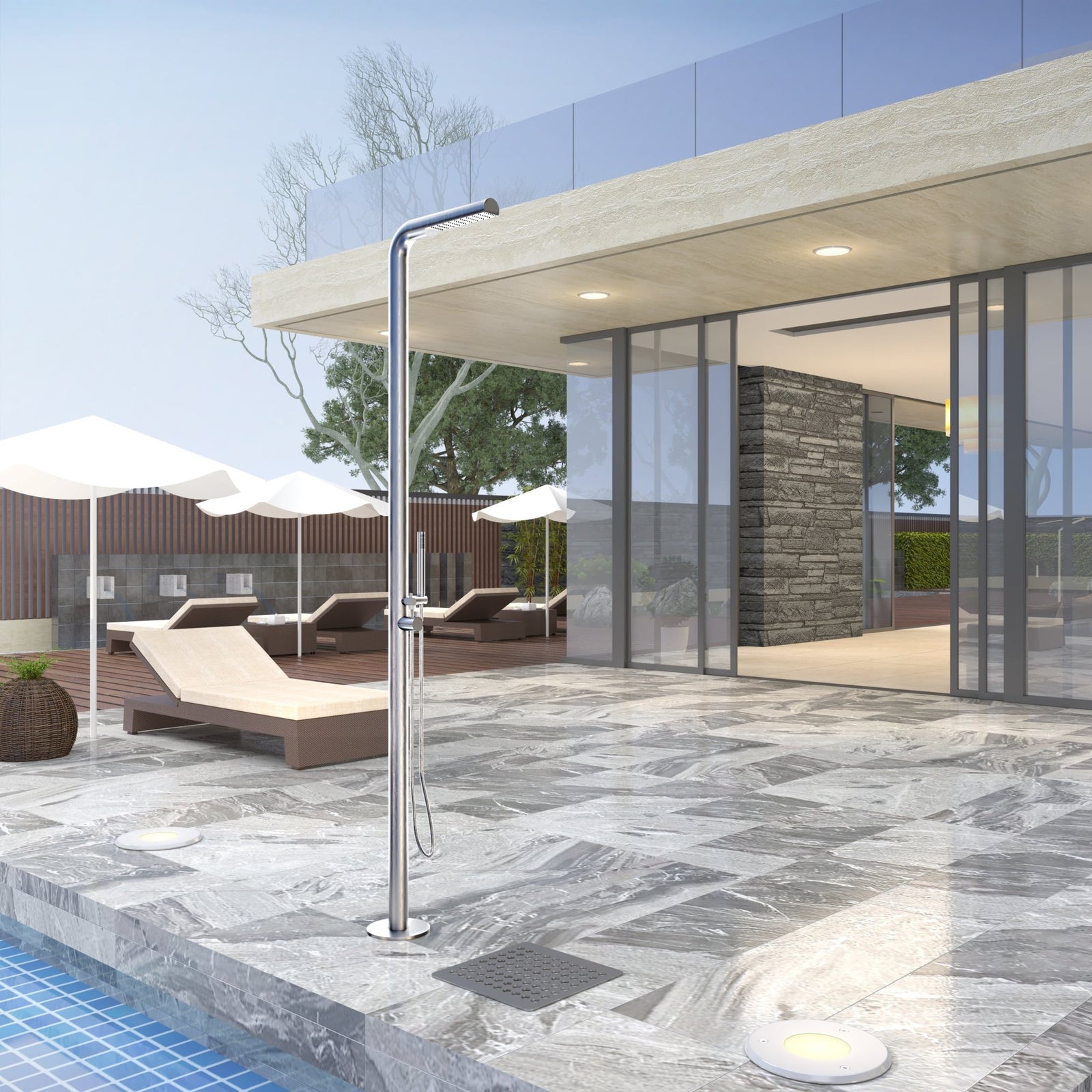 Rain Therapy Freestanding Outdoor Shower with Rectangular Rain Head & Hand Shower – 88" – RT Brushed Stainless Steel – –