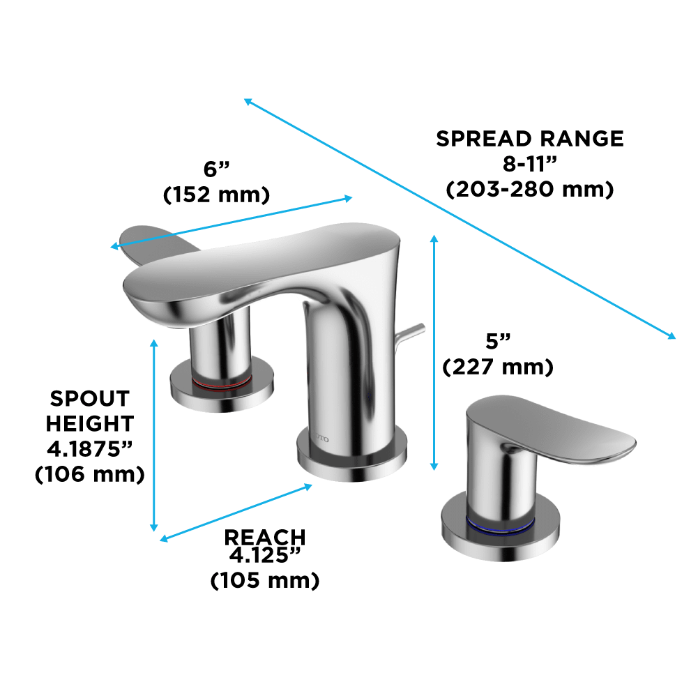 TOTO® GO Series 1.2 gpm Two Handle Widespread Bathroom Sink Faucet with Drain Assembly – Polished Chrome – –