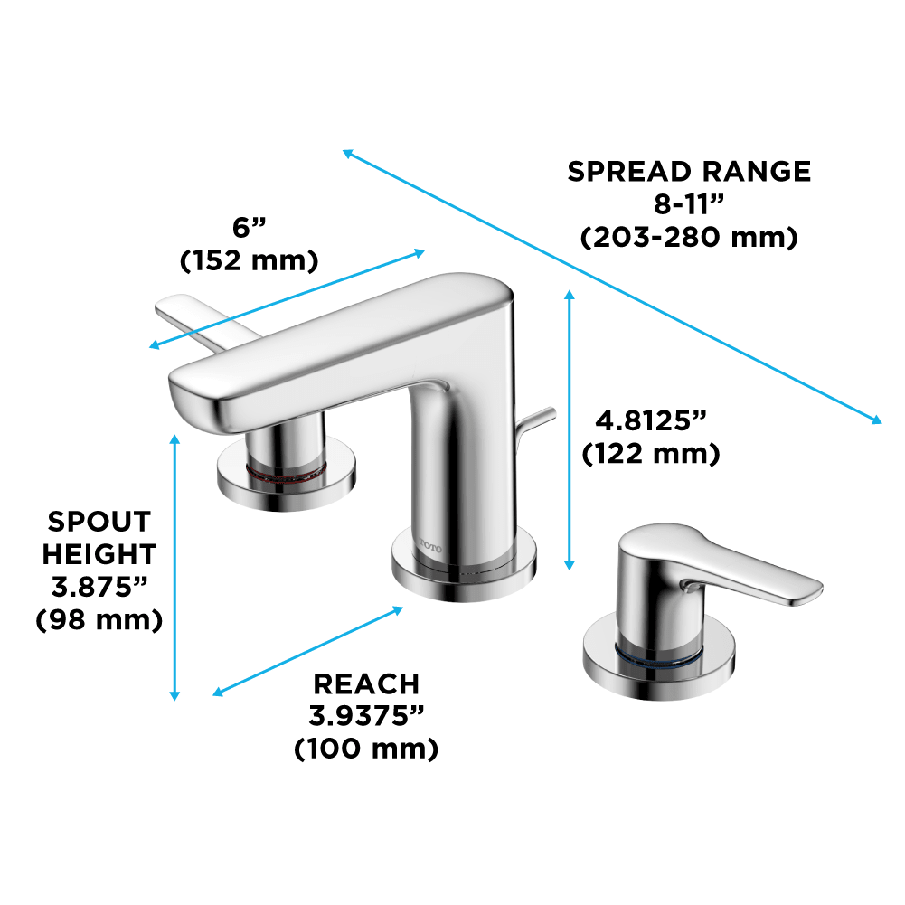 TOTO® GS Series 1.2 gpm Two Handle Widespread Bathroom Sink Faucet with Drain Assembly – Polished Chrome – –