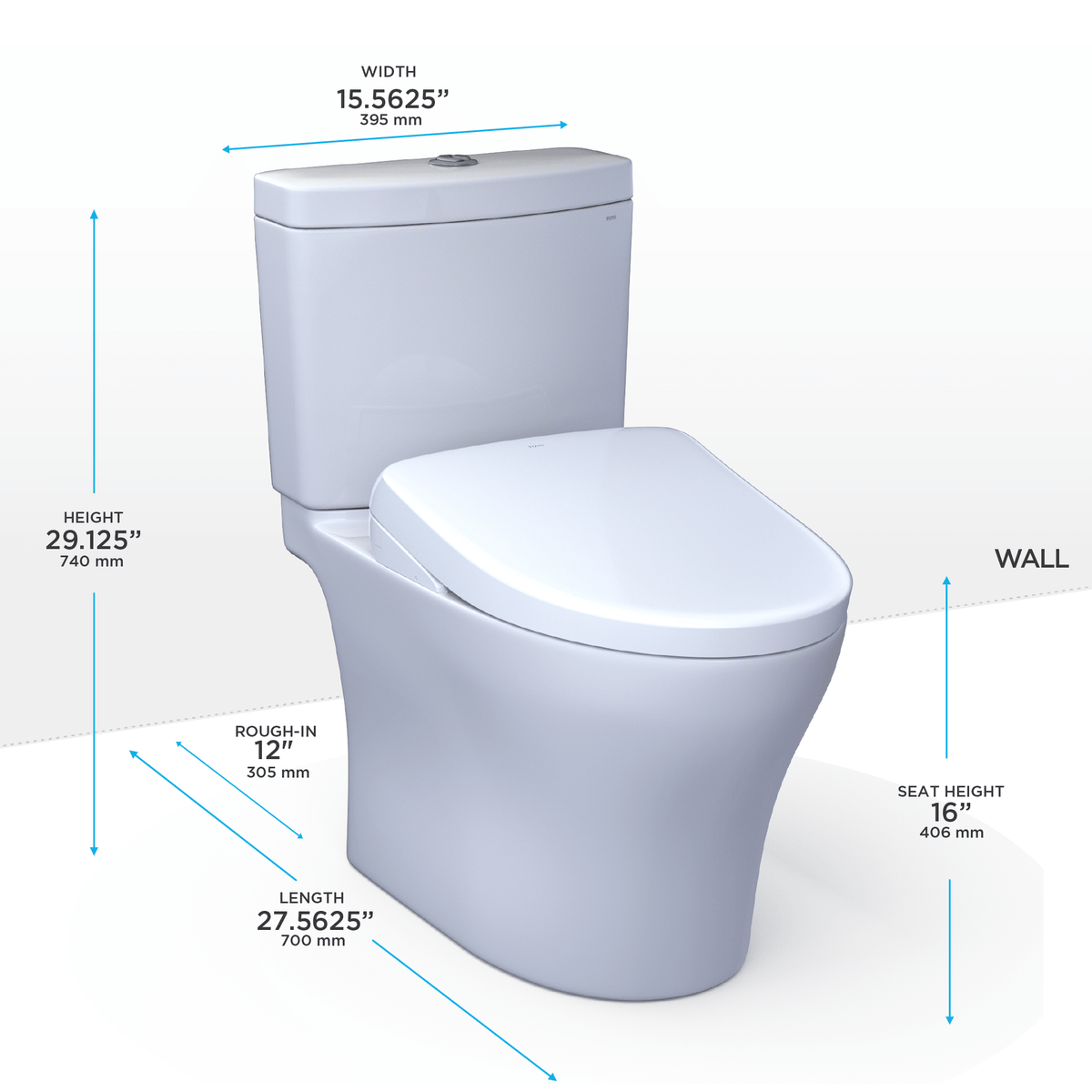 TOTO® Washlet®+ Aquia IV Two-Piece Elongated Dual Flush 1.28 and 0.9 gpf Toilet and Contemporary Washlet S7A Contemporary Bidet Seat – Elongated – Cotton White –