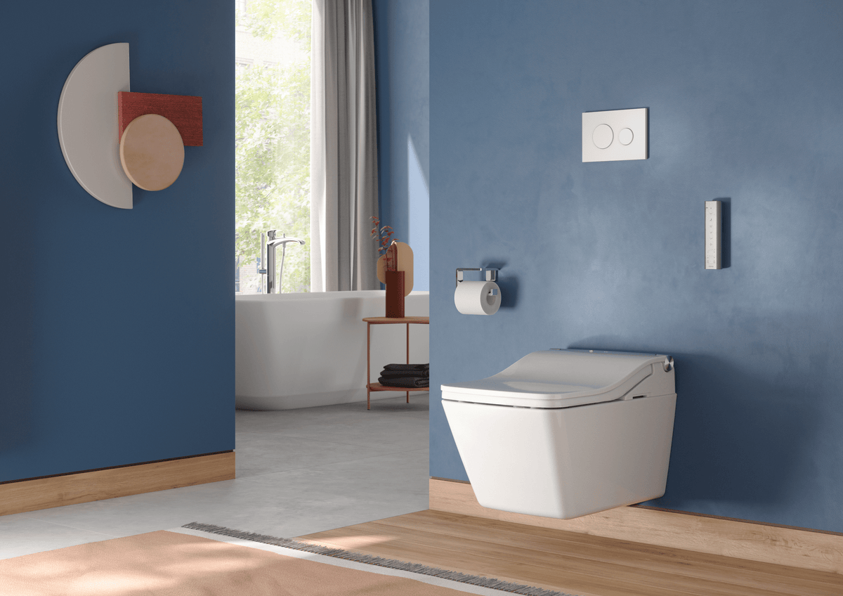 TOTO® WASHLET®+ SP Wall-Hung Square-Shape Toilet with SW Bidet Seat and DuoFit® In-Wall 1.28 and 0.9 GPF Auto Dual-Flush Tank System – Square – Cotton White –