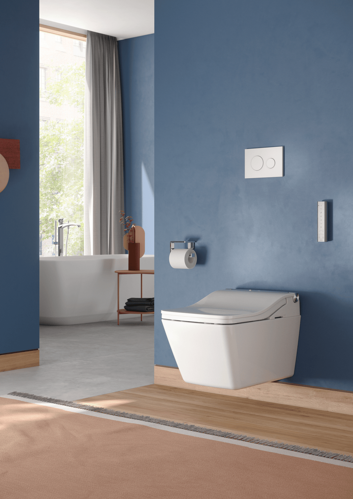 TOTO® WASHLET®+ SP Wall-Hung Square-Shape Toilet with SW Bidet Seat and DuoFit® In-Wall 1.28 and 0.9 GPF Auto Dual-Flush Tank System – Square – Cotton White –