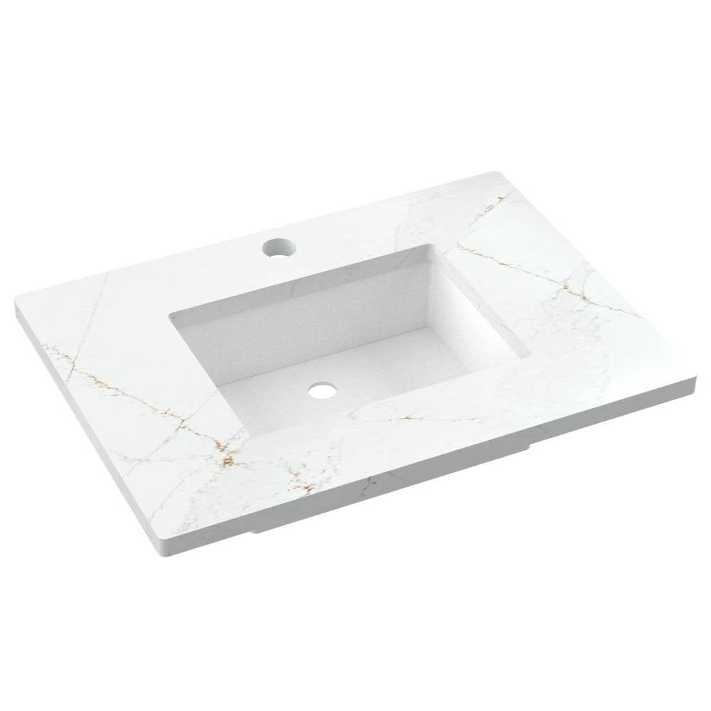 Vanderloc 31&quot; Silestone® Quartz Vanity Top Single Rectangle Centered Sink – Ethereal Glow – Single Hole – Not Included