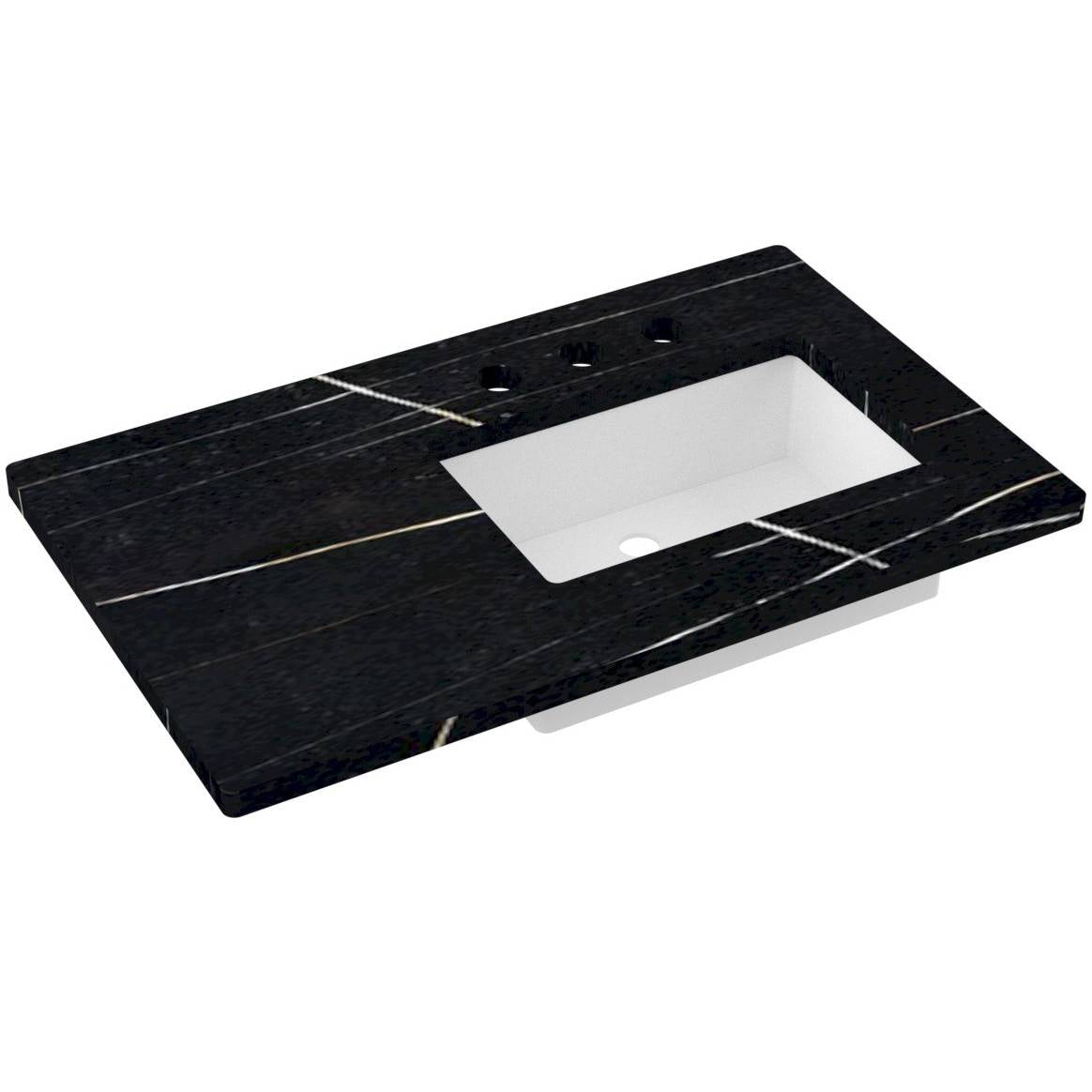 Vanderloc 37&quot; Silestone® Quartz Vanity Top Single Rectangle Right Offset Sink – Eternal Noir – Widespread – Not Included