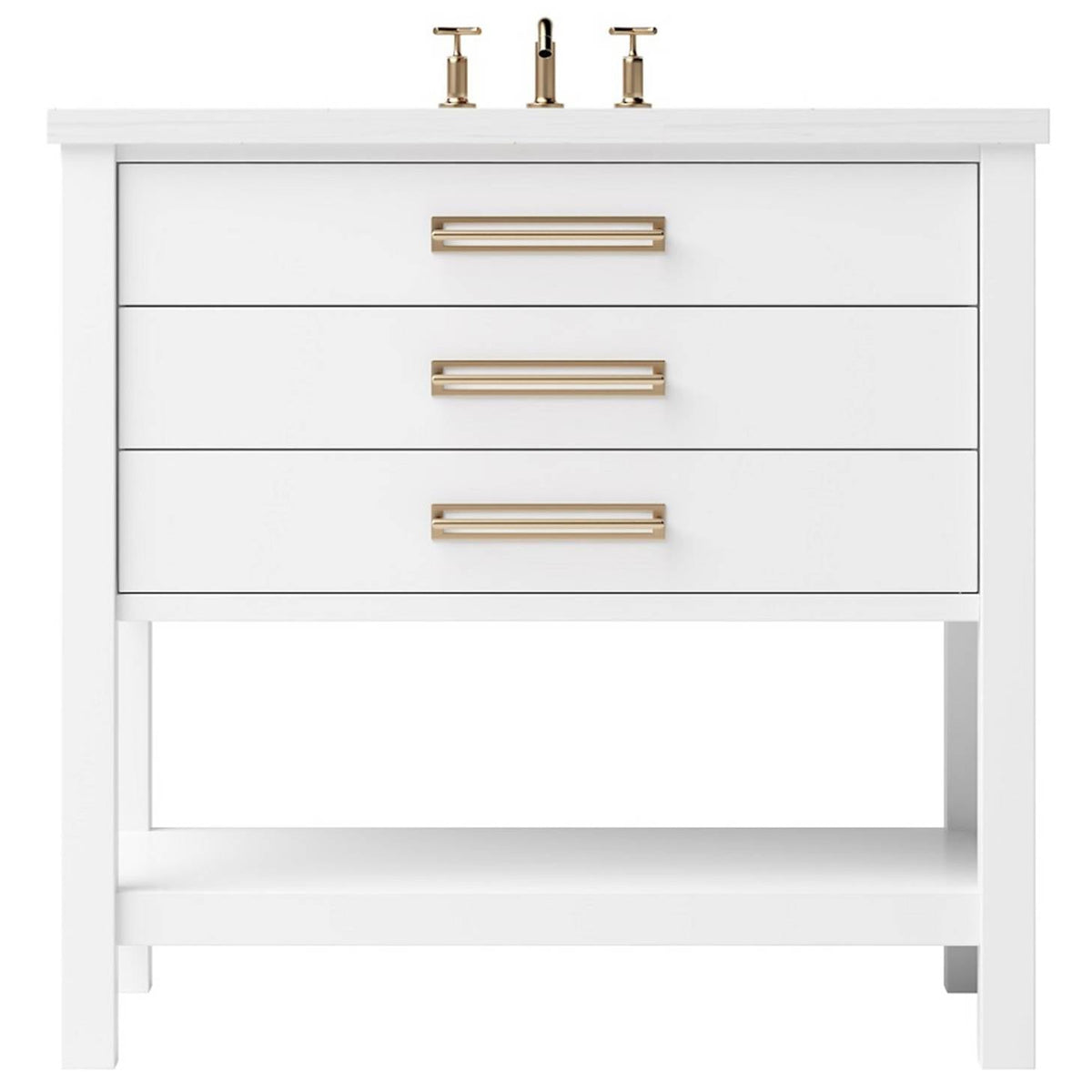 Vanderloc Kiawah Three - Drawer Single Bath Vanity - 36&quot; - Pure White - Satin Gold - KWS3 - 36.pw.sg