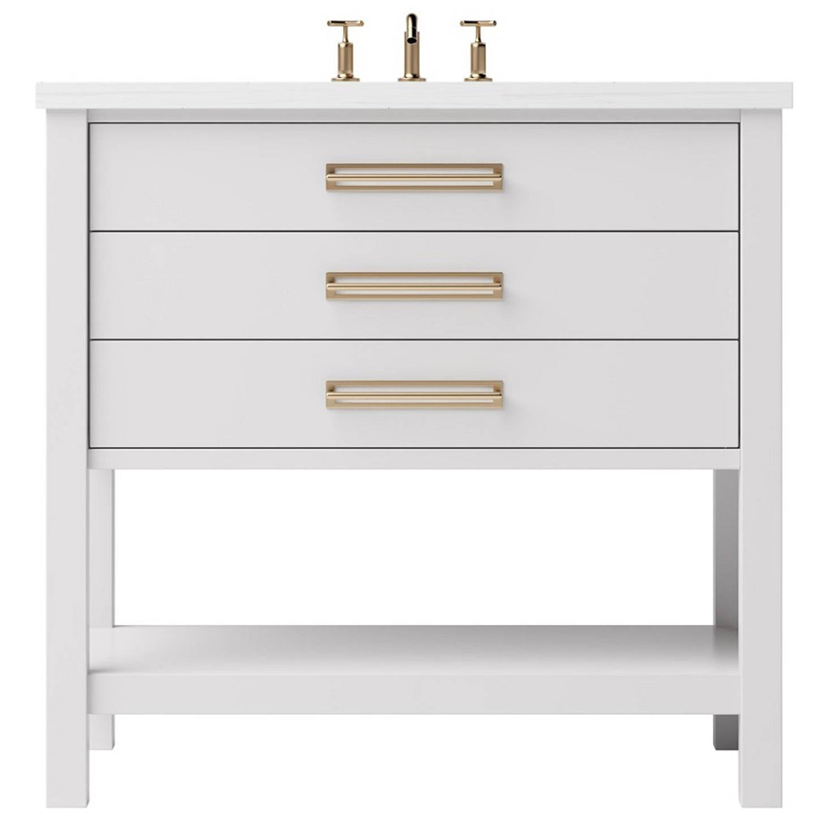 Vanderloc Kiawah Three - Drawer Single Bath Vanity - 36&quot; - Strong White - Satin Gold - KWS3 - 36.sw.sg