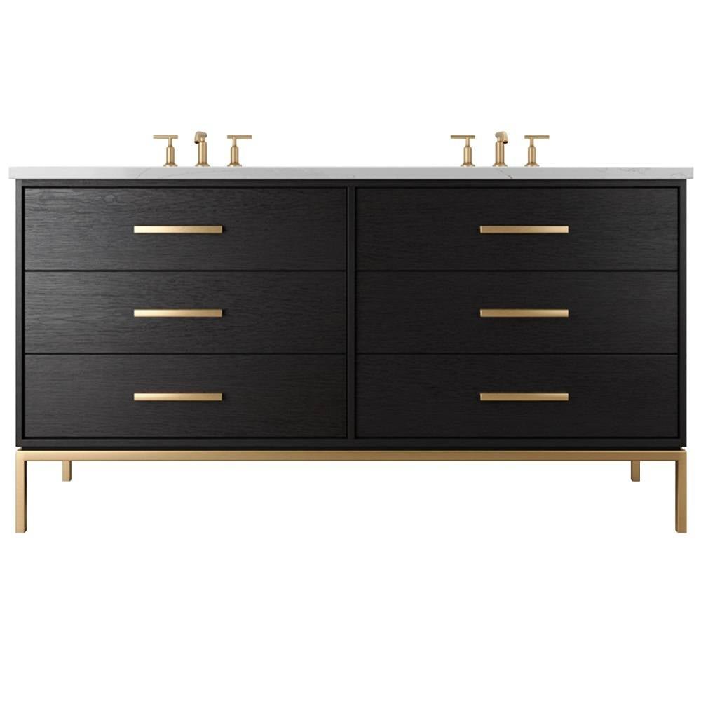 Vanderloc Rift White Oak Double Drawer Bath Vanity – 60" – Classic Black – Satin Gold
