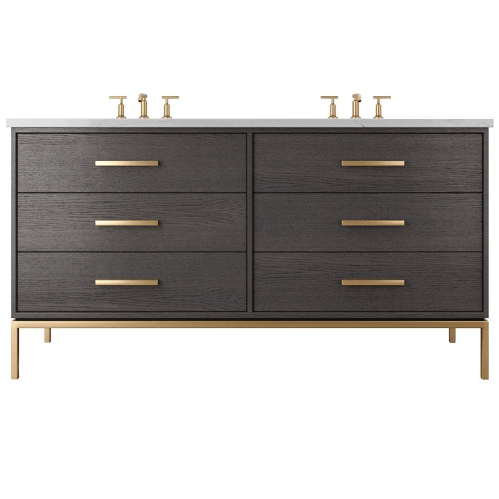 Vanderloc Rift White Oak Double Drawer Bath Vanity - 60&quot; - Gray Weathered - Satin Gold - RWD6 - 60.gw.sg