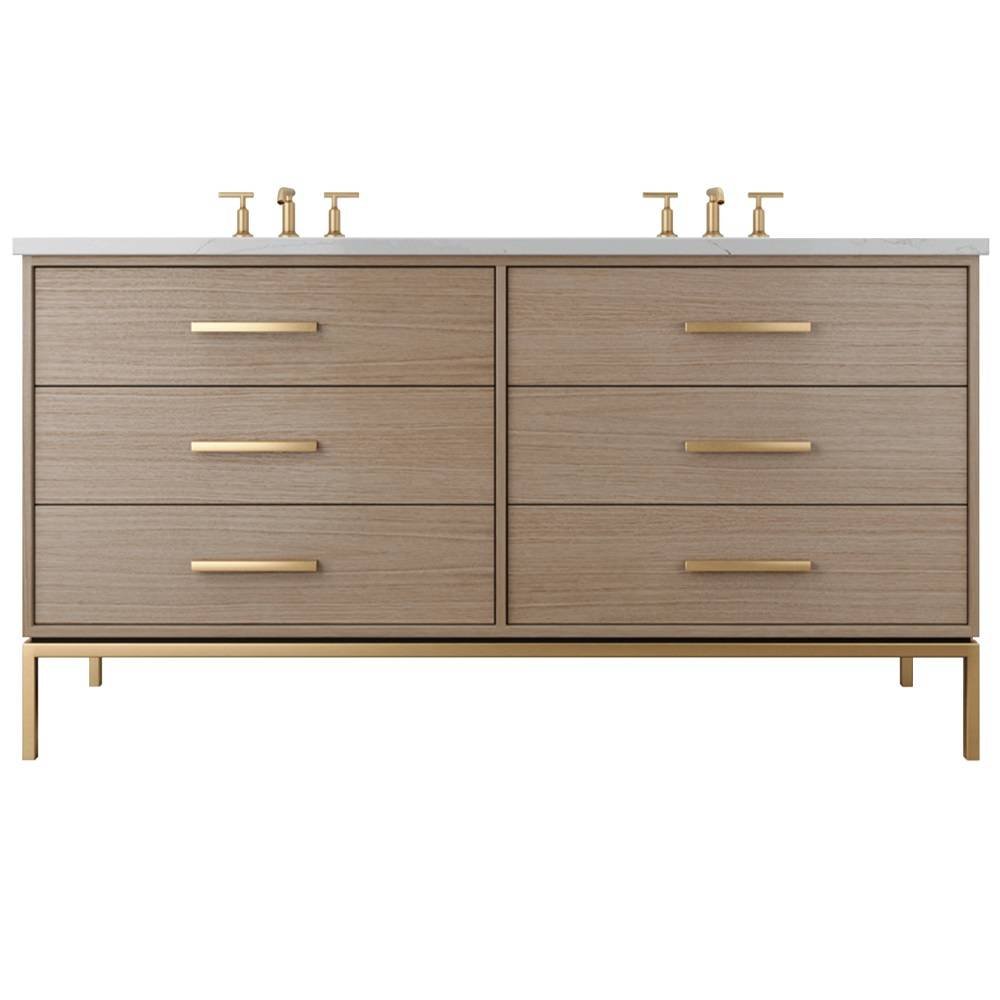 Vanderloc Rift White Oak Double Drawer Bath Vanity - 60&quot; - Natural Weathered - Satin Gold - RWD6 - 60.nw.sg