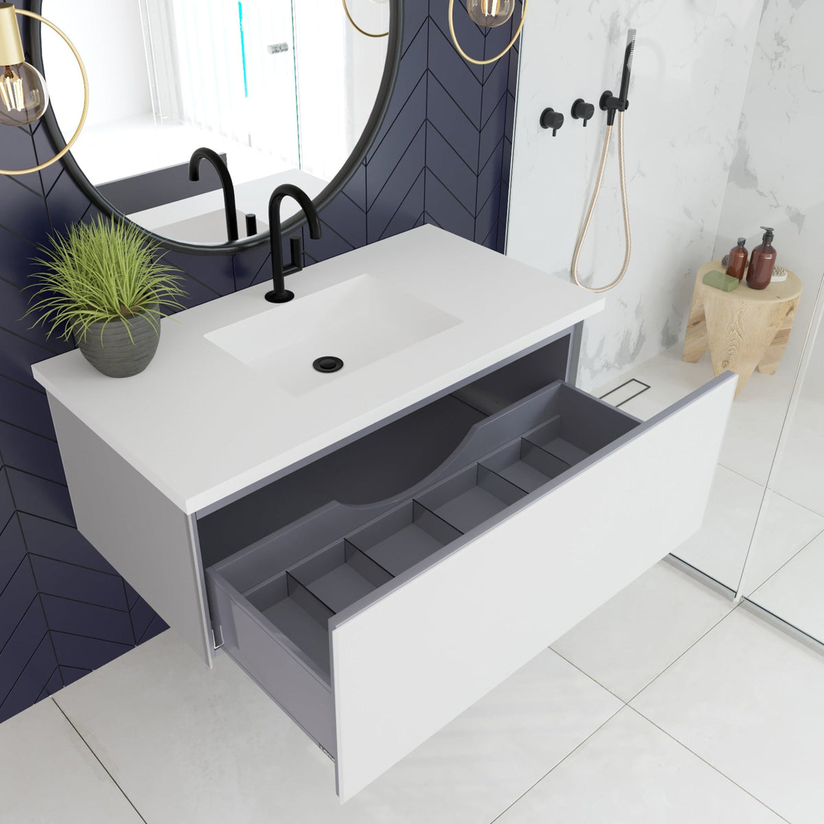 Vitri 42&quot; Cloud White Bathroom Vanity with VIVA Stone Matte White Solid Surface Countertop - LAVIVA - Mihodo