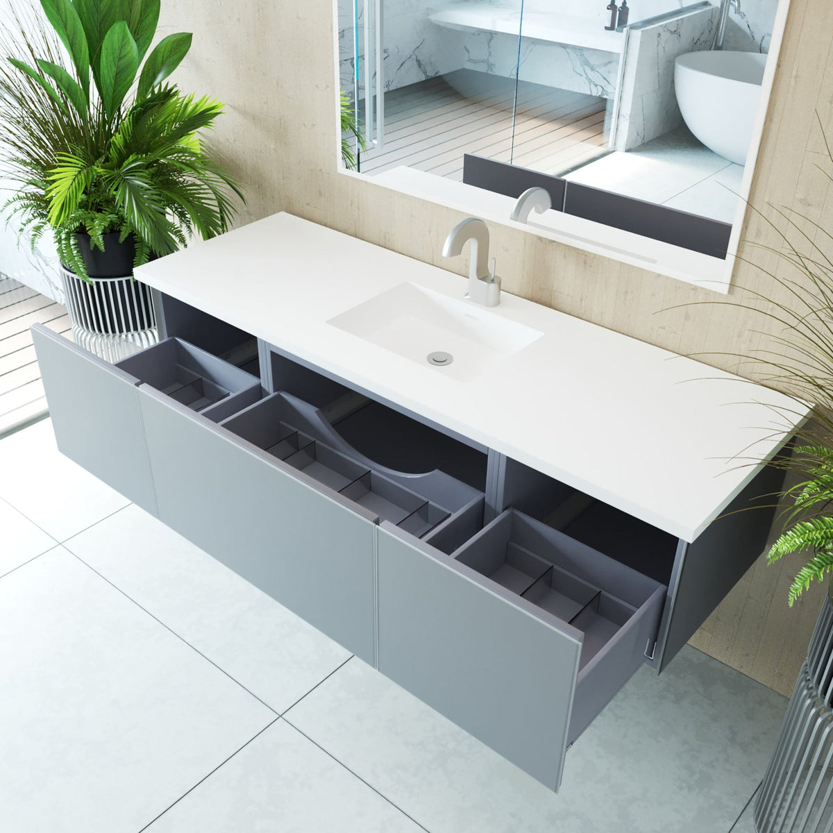 Vitri 66&quot; Fossil Grey Single Sink Bathroom Vanity with VIVA Stone Matte White Solid Surface Countertop - LAVIVA - Mihodo