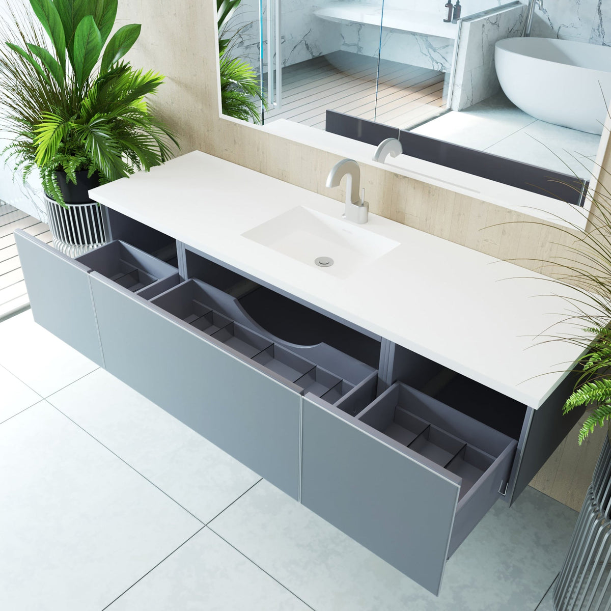 Vitri 72&quot; Fossil Grey Single Sink Bathroom Vanity with VIVA Stone Matte White Solid Surface Countertop - LAVIVA - Mihodo